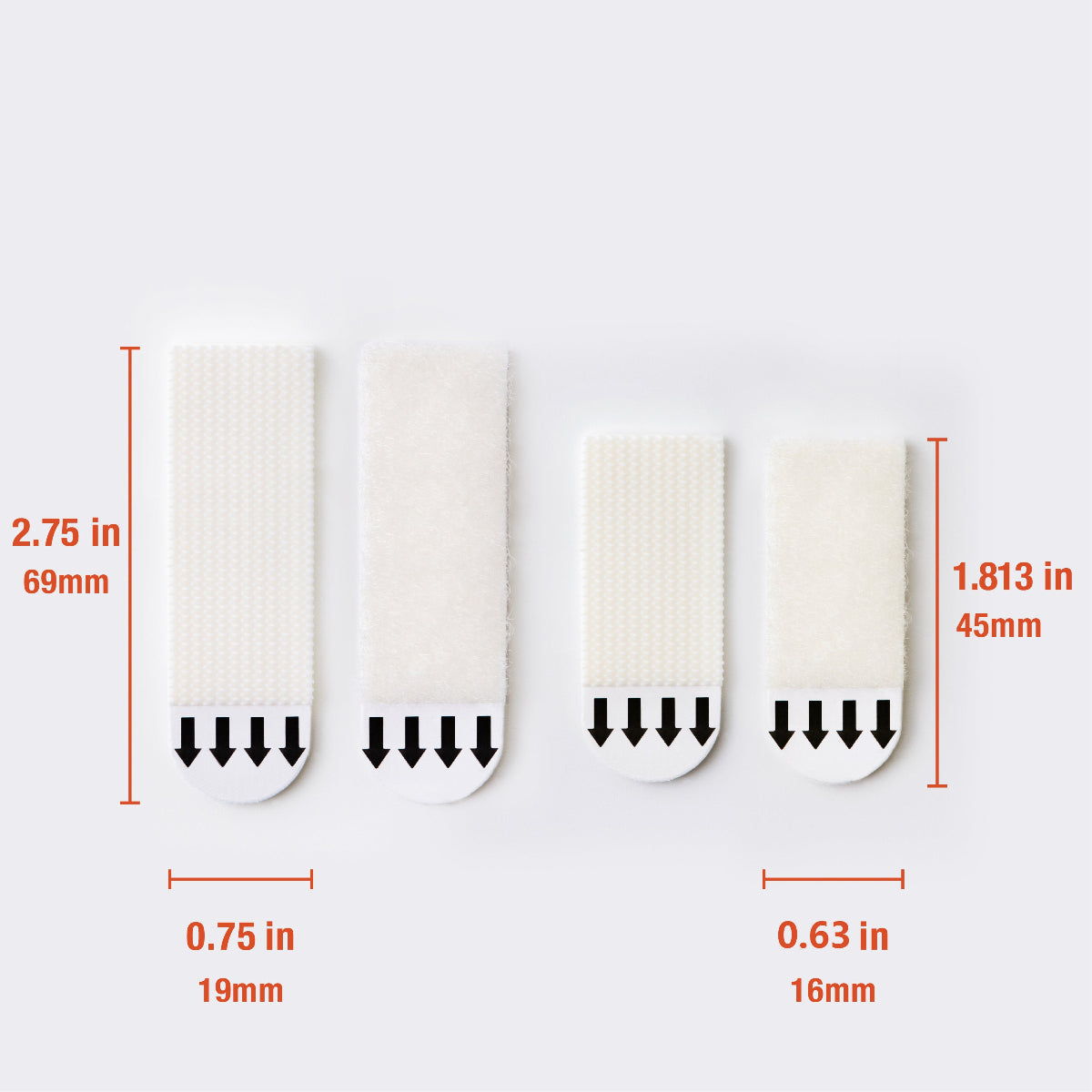 A flat display of one pair of small picture hanging strips and one pair of medium-sized strips, with labeled dimensions.