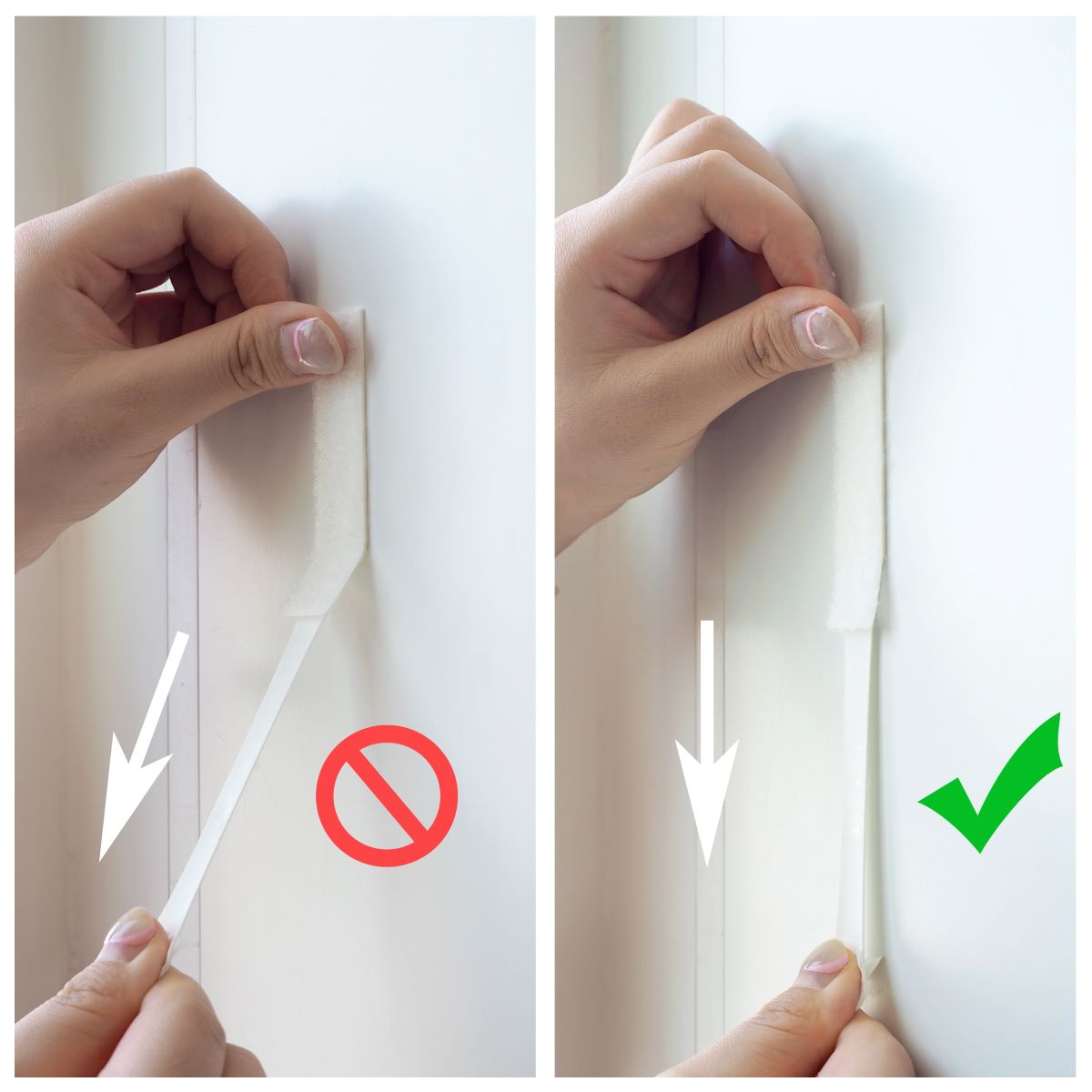 A comparison of images showing the incorrect and correct methods for removing picture hanging strips.