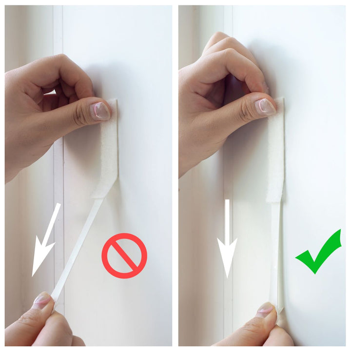 A comparison of images showing the incorrect and correct methods for removing picture hanging strips.