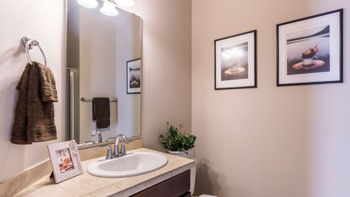 Next to the bathroom sink, there’s a picture frame, while hooks on the wall hold towels. On the opposite wall, two decorative pictures are hung, adding interest and character to the bathroom with the use of a picture hanger in the bathroom.