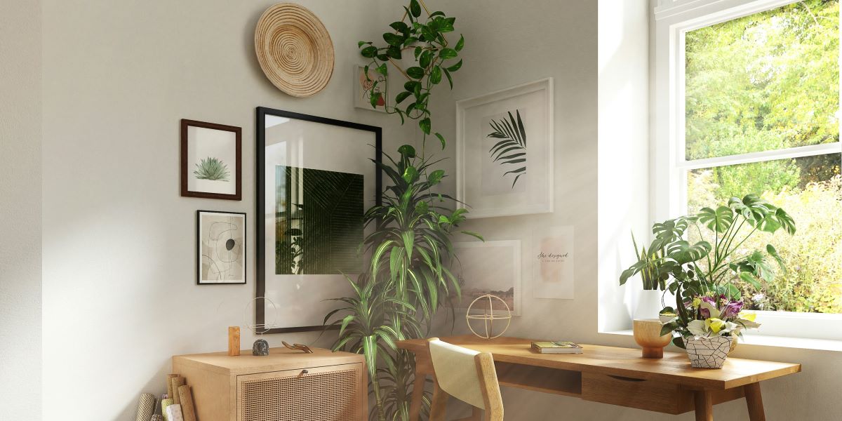 Sunlight shines into the room through the window, and in the corner of the desk next to the window, there are decorative paintings Crafts Greenery and other wall decorations