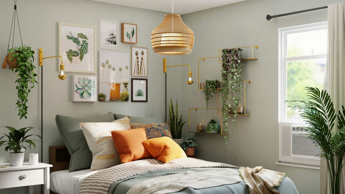 In the bright bedroom with a window, the wall features decorations made up of decorative pictures and hanging plants, showcasing effective picture hangers and plants organization, creating a thoughtfully arranged space.