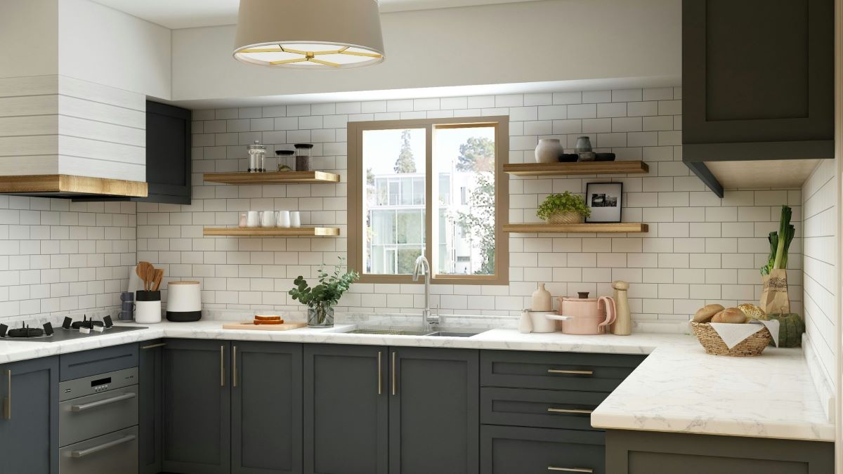 The kitchen is arranged with some hanging shelves, where all items are neatly placed, creating a clean and tidy appearance.