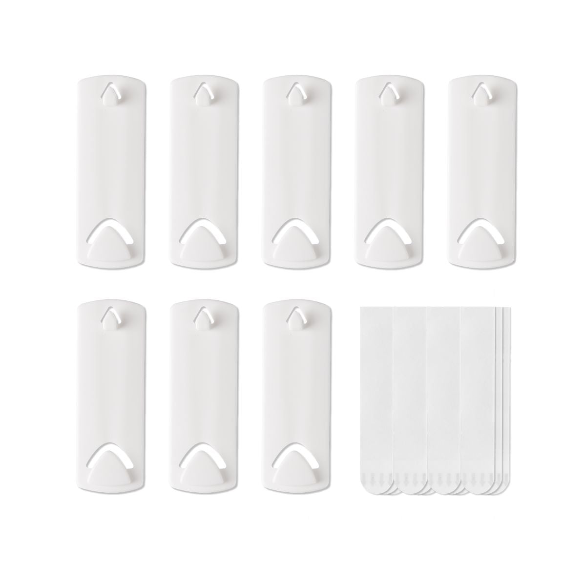 Eight picture hangers for sawtooth and wire back frames along with several strips displayed flat.