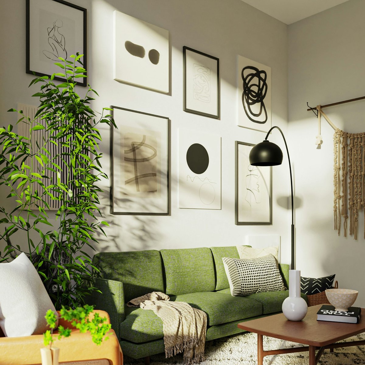Sunlight shines on the green sofa and the wall, which is adorned with several decorative paintings hung using JELLYSUB strips.
