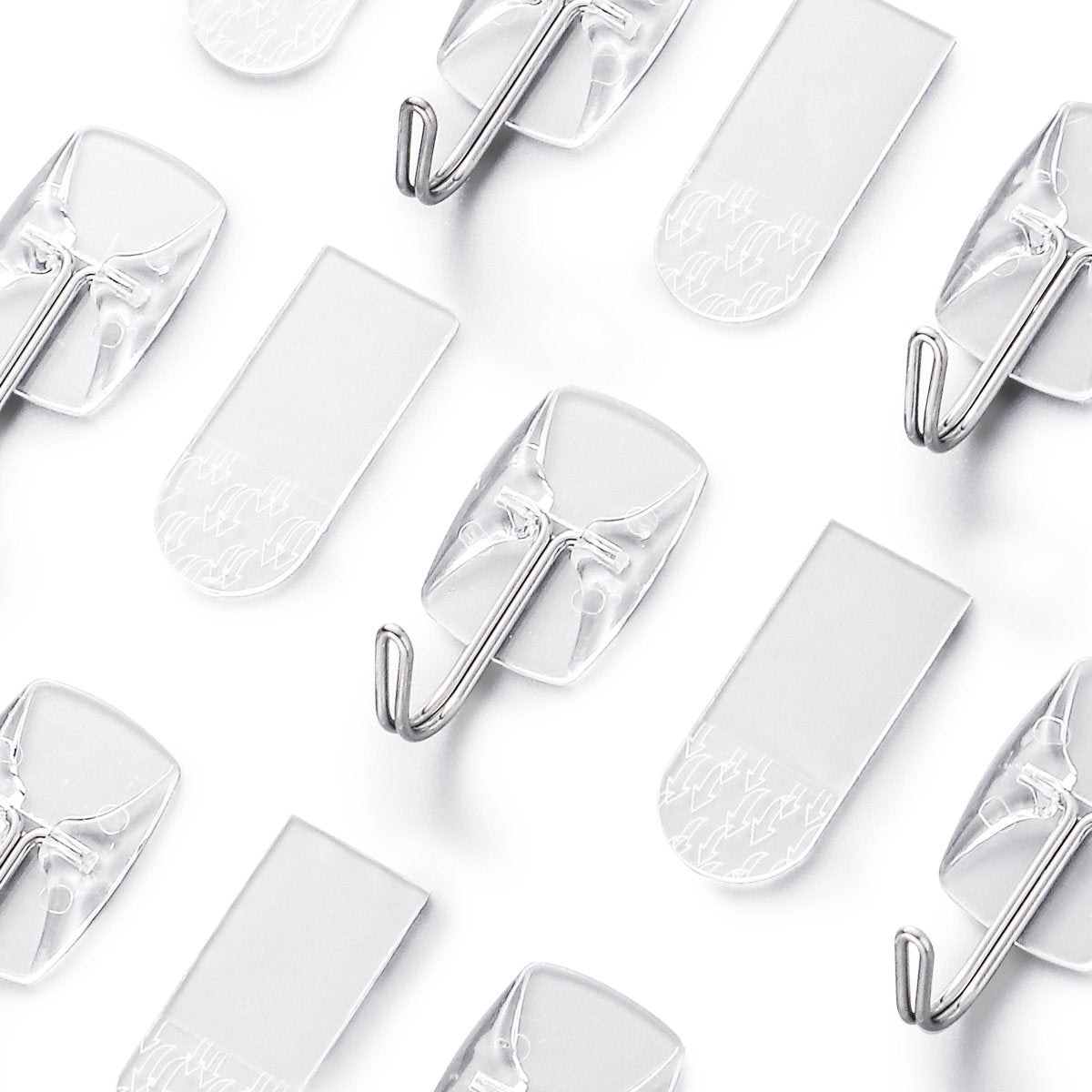 A spaced display of Clear Small Wire Toggle Hooks and adhesive strips.