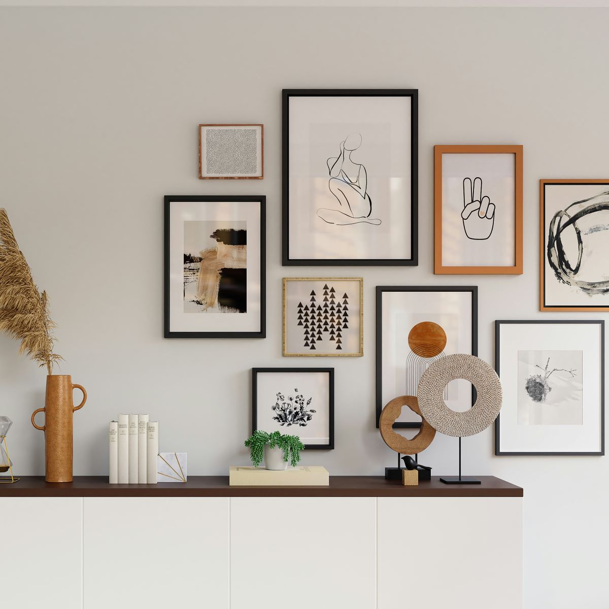 One of the walls of the house has a variety of picture frames, the irregular form of the unique style