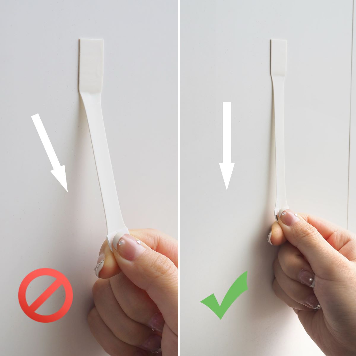 A comparison of images showing the incorrect and correct methods for removing hooks.