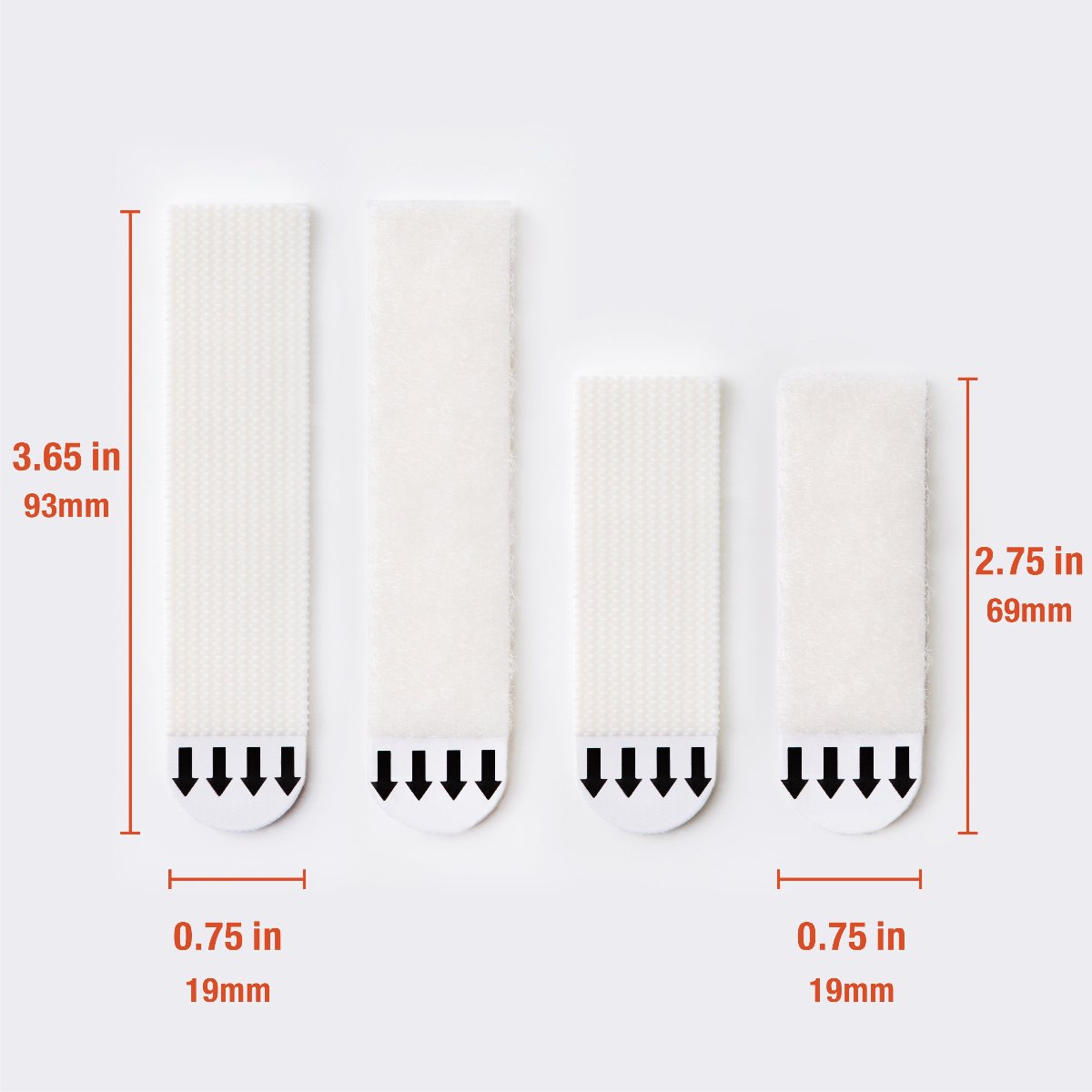 A flat display of one pair of large picture hanging strips and one pair of medium-sized strips, with labeled dimensions.