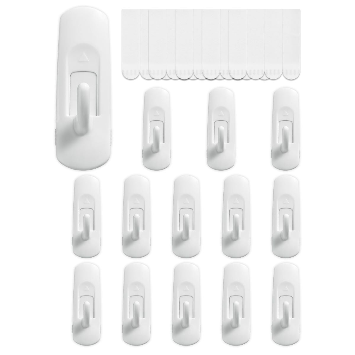 A flat display of multiple large utility hooks and strips.