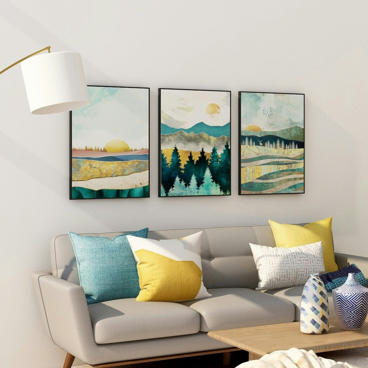 In the room, above the colorful sofa, several vibrant picture frames are hung using methods to hang pictures without nails.