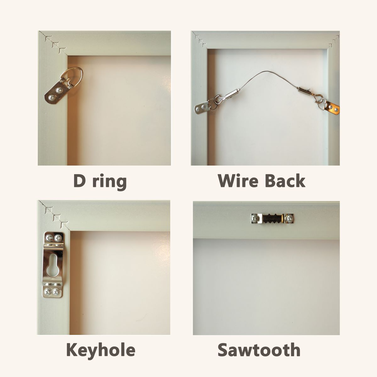 A display of four types of frames compatible with the universal picture hanger, including D-ring, wire back, keyhole, and sawtooth.