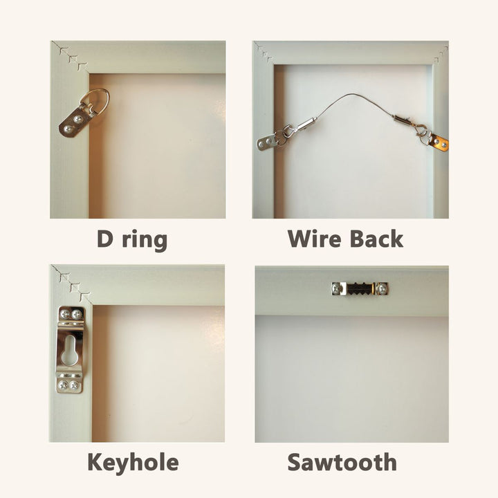 A display of four types of frames compatible with the universal picture hanger, including D-ring, wire back, keyhole, and sawtooth.