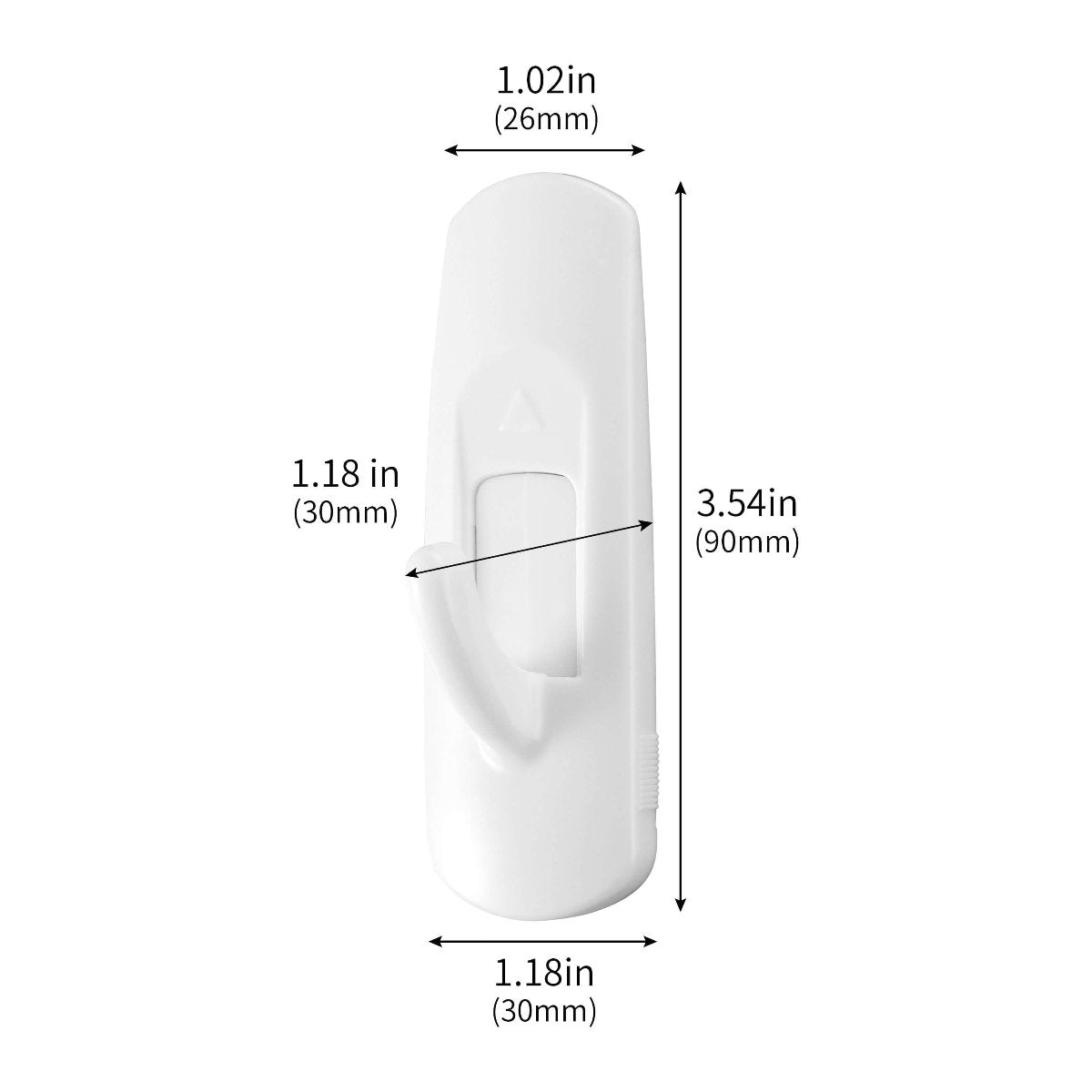 A flat display of a large utility hook with labeled dimensions.