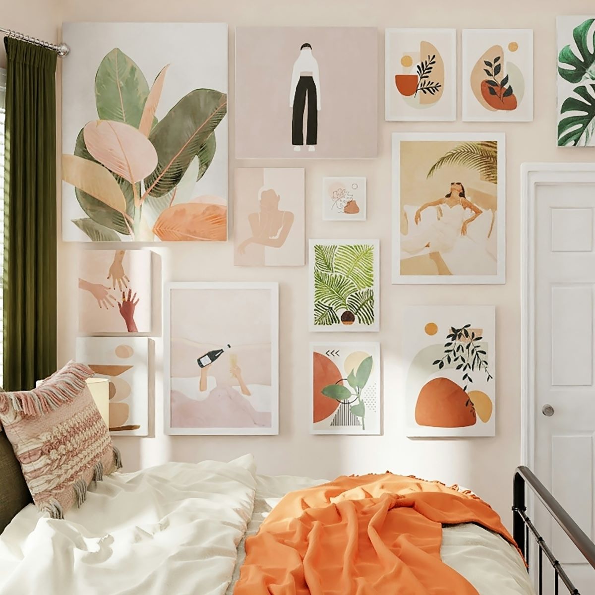 One wall in the bedroom is filled with various-sized decorative frames hung using picture hanging strips, making the room feel complete and cozy.