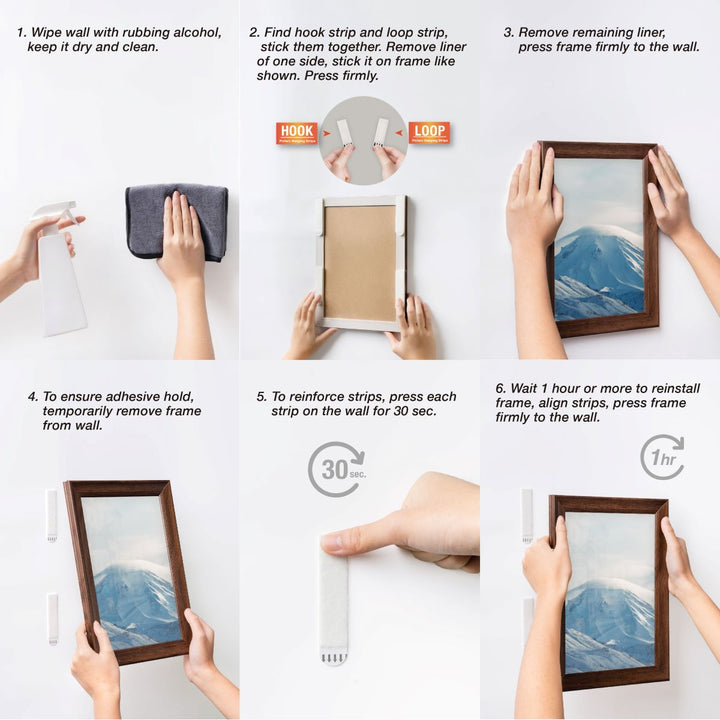 Step-by-step diagram of how to use picture hanging strips