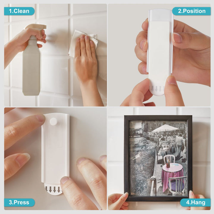 A four-panel combination image illustrating the step-by-step guide on how to install a picture hanger—only four simple steps are needed for complete installation.
