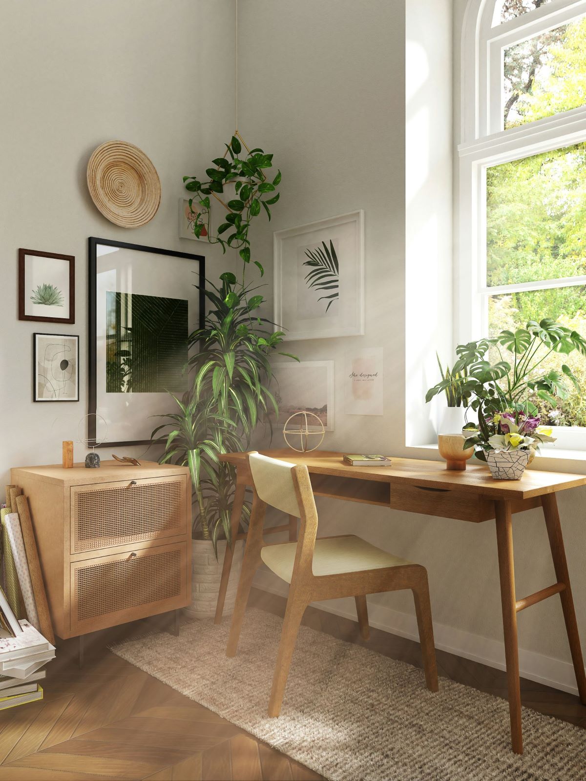 Sunlight shines into the room through the window, and in the corner of the desk next to the window, there are decorative paintings Crafts Greenery and other wall decorations