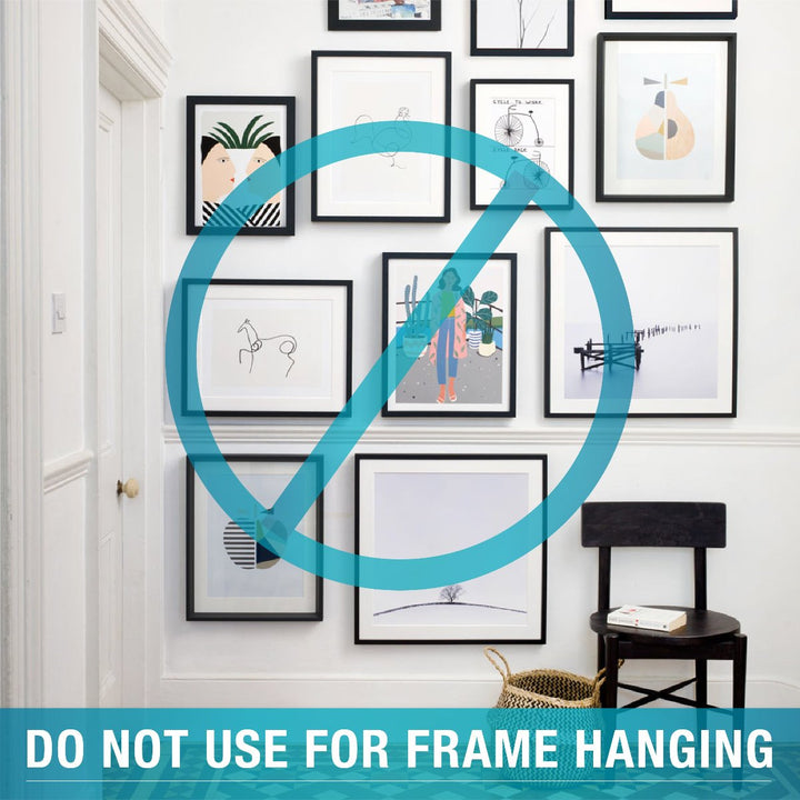 The background shows numerous picture frames hanging on the wall, with a prohibition symbol and a caption that reads, "Do not use for frame hanging."
