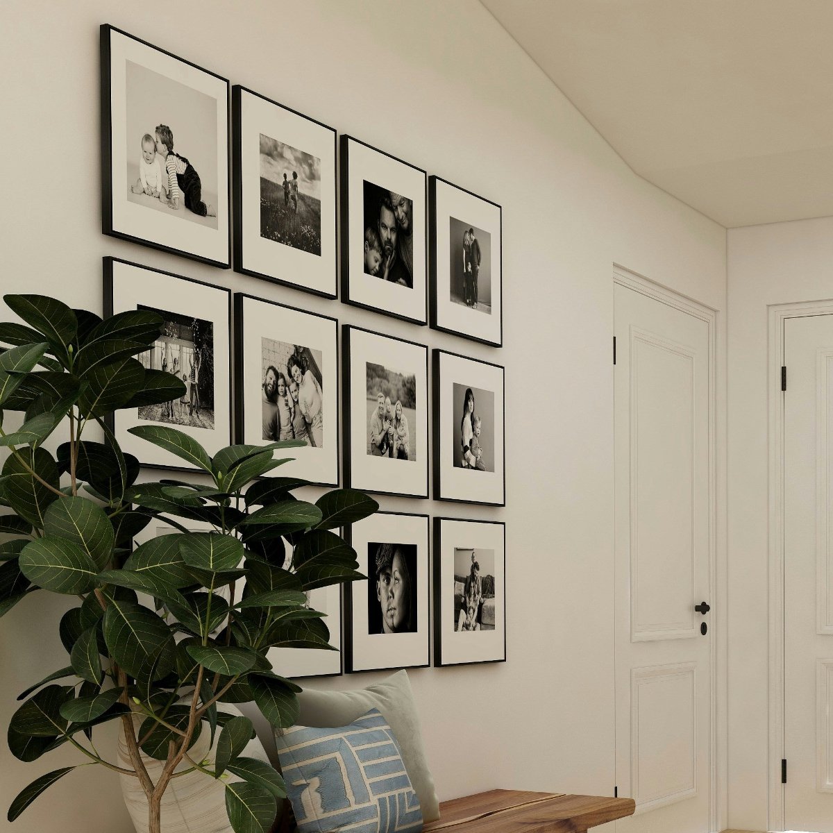 The bedroom wall features 12 equally sized family photo frames elegantly displayed using picture hanging strips, creating a cozy and sophisticated atmosphere.